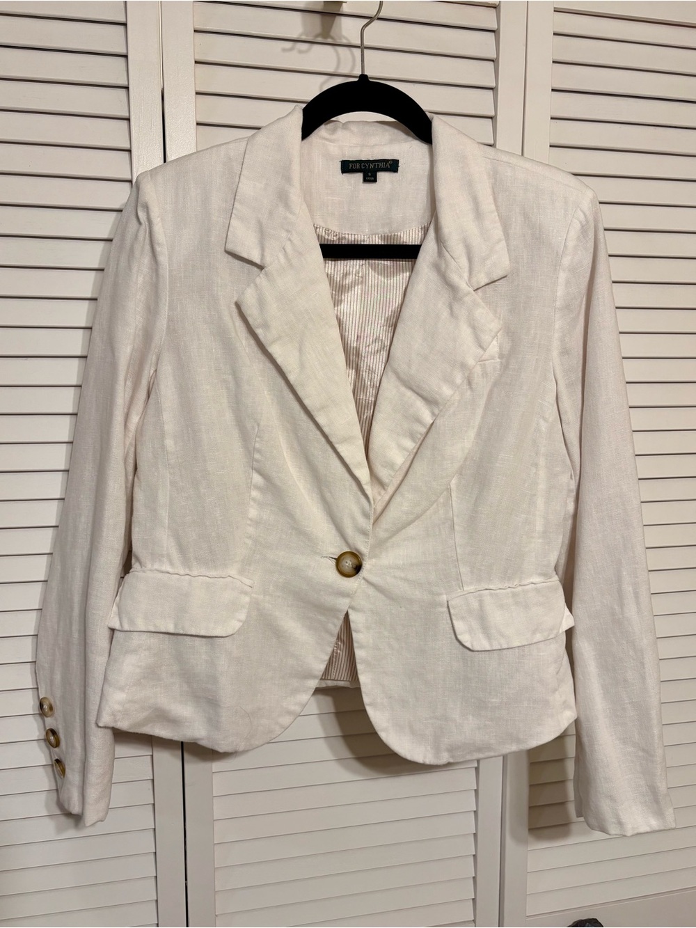 For Cynthia White Linen Single-Button Blazer